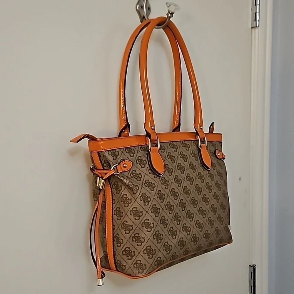 VTG GUESS 1990s Brown Orange Trim Logo Monogram Tote Bag
